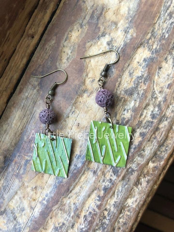 Green Essential Oil Diffuser Earrings on Silver Squares