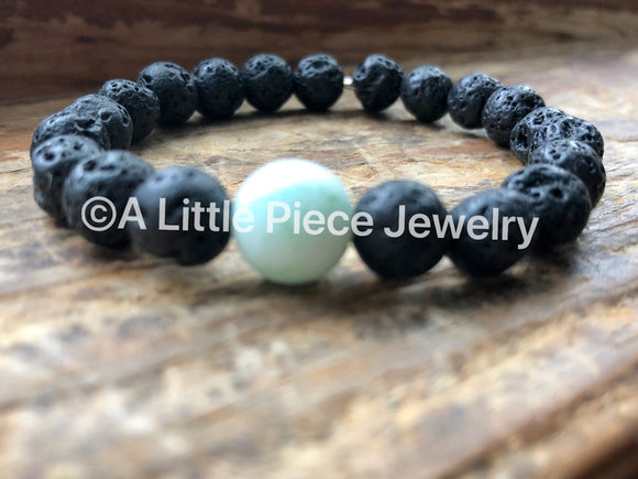 Teal Glass Bead and Lava Stone Bead Essential Oil Stretch Bracelet
