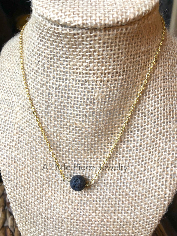 Gold Chain Necklace with Round Black Lava Stone Bead - 17