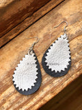 Silver and Black Textured Teardrop Leather Earrings