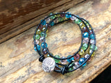 Rainbow Glass Bead Leather Wrap Bracelet with Tree of Life