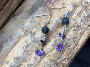 Amethyst Essential Oil Diffuser Earrings - Black, Silver, Purple