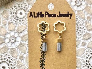 Golden Flower and Gray Tassel Stud Earrings