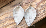 Cream and Metallic Patterned Leather Leaf Earrings