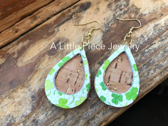 St. Patrick’s Day Earrings - Genuine Leather with Shamrocks on Cork - Open Teardrops