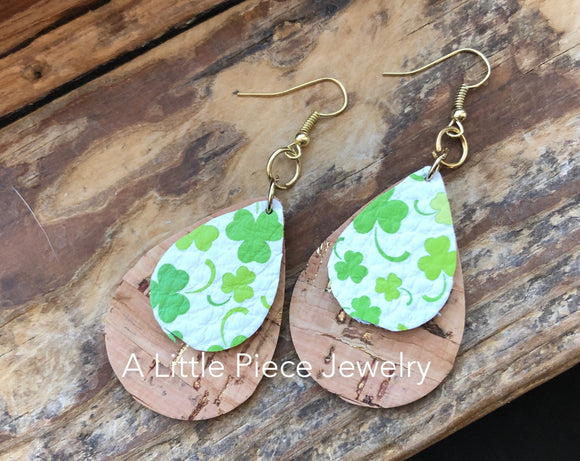 St. Patrick’s Day Genuine Leather and Cork Teardrop Earrings