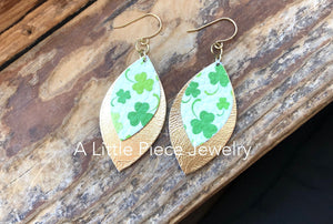 St. Patrick’s Day Green and Metallic Gold Genuine Leather Leaf Earrings