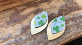 St. Patrick’s Day Green and Metallic Gold Genuine Leather Leaf Earrings
