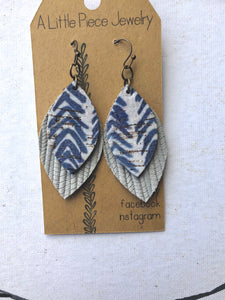 Blue Herringbone Leather Leaf Earrings