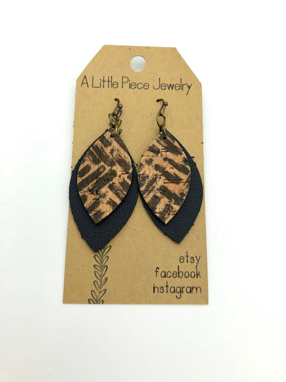 Black Dash Cork and Leather Layered Leaf Earrings