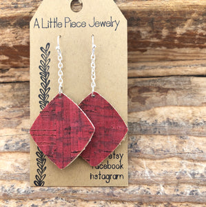 Leather and Cork Diamond Drop Earrings in Crimson Red