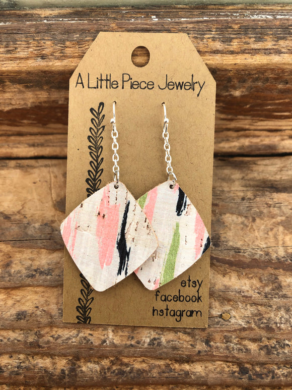 Leather and Cork Diamond Drop Earrings in Pink, Green and Navy