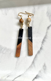 Gemstone Gold Black and Wood Rectangular Earrings